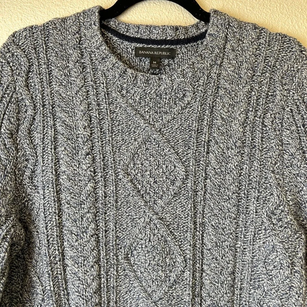 Banana Republic Mens Sweater Merino Wool Blend Cable Knit Fisherman Blue M